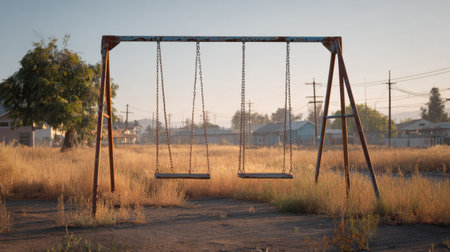 Abandoned swing set in empty playground under soft morning lightの素材