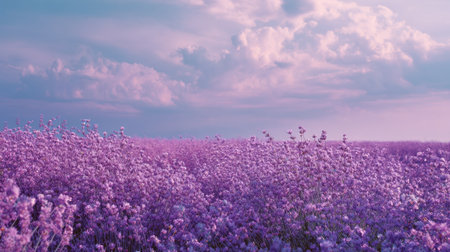 Beautiful lavender field in full bloom under sunset sky with soft purple tones and cloudsの素材
