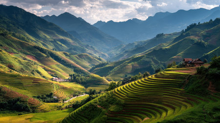 Beautiful lush rice terraces on mountainside under sunlight in rural landscapeの素材