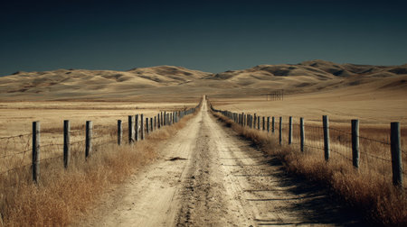 Beautiful rural countryside with fence-lined dirt road leading into distance under sunlightの素材