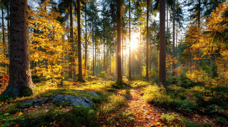 Beautiful autumn forest with colorful leaves covering ground in soft sunlightの素材
