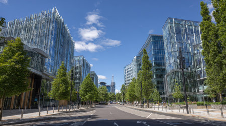 City boulevard with empty lanes flanked by glass buildings in bright clear daylightの素材