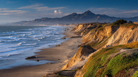 Beautiful scenic coastal cliffs with waves crashing below under golden afternoon lightの素材