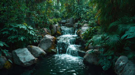 Beautiful tropical waterfall hidden in jungle surrounded by green plants and rocksの素材
