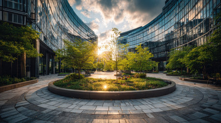 Circular modern plaza surrounded by curved glass office buildings under sunlightの素材