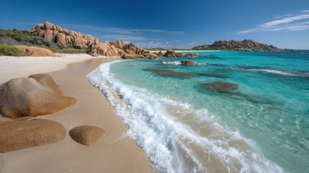 Beautiful sandy shoreline with gentle waves and smooth rocks under soft blue skyの素材