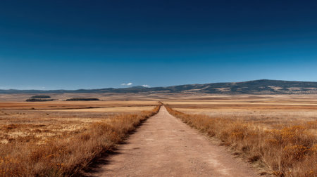 Country dirt road lined with dry grass leading to distant hills under blue skyの素材