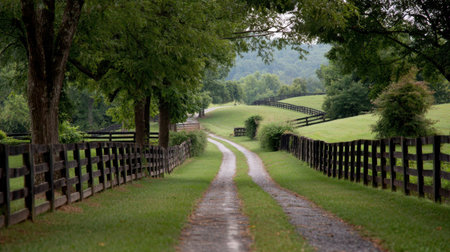 Country road lined with rustic wooden fences stretching into lush green countrysideの素材