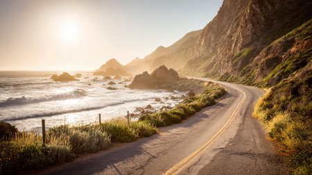 Isolated coastal road running alongside ocean with cliffs on one side under sunlightの素材