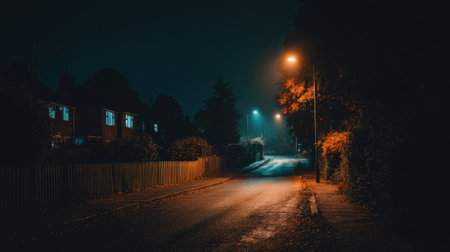 Dark alleyway leading to empty street bathed in distant streetlight glowの素材