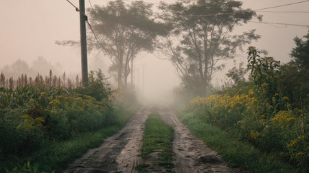 Foggy country road with faint tire tracks leading into soft morning mistの素材