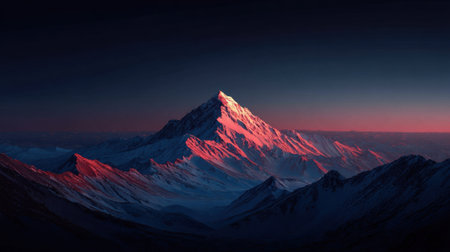 Mountain peak glowing in first light of sunrise surrounded by dark valleys belowの素材