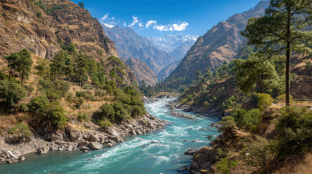 River flowing through remote mountain gorge with steep rocky walls on both sidesの素材