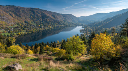 Scenic lake surrounded by hills covered in autumn-colored trees under clear skiesの素材