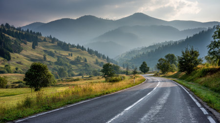 Road through green countryside with gentle hills and scattered trees in soft daylightの素材