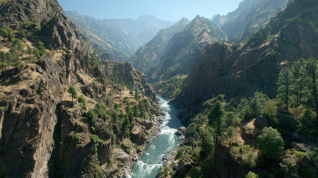 River flowing through remote mountain gorge with steep rocky walls on both sidesの素材