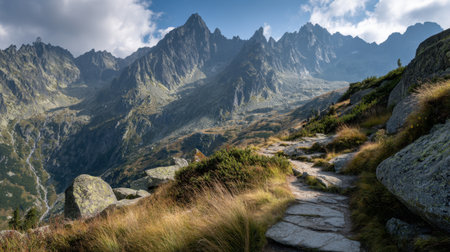 Narrow hiking trail through high alpine pass with sharp rocky ridges nearbyの素材