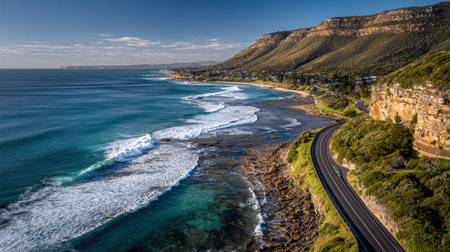 Isolated coastal road running alongside ocean with cliffs on one side under sunlightの素材
