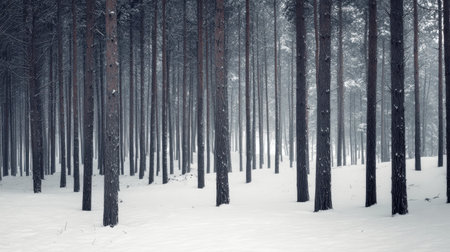 Sparse tree trunks spaced far apart in quiet winter forest under gray skyの素材