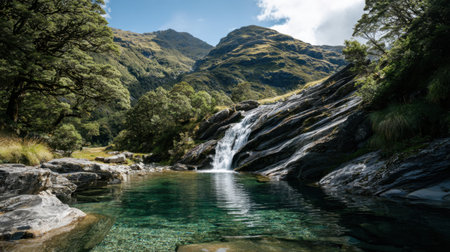 Waterfall tumbling down steep mountain rocks into clear blue glacial poolの素材