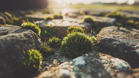Sparse green moss patches growing on gray rock under natural daylightの素材