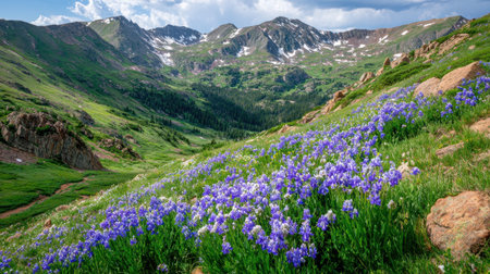 Wildflowers blooming on mountain slope with snow-capped peaks in distanceの素材