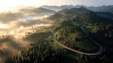 Winding road through green mountain landscape with sunlight filtering through mistの素材