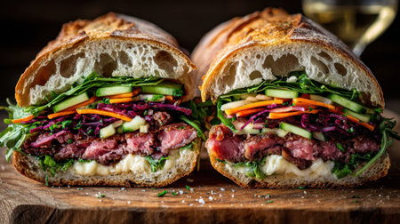 Artisan sandwich sliced in half showing layers of vegetables, meat, and cheeseの素材