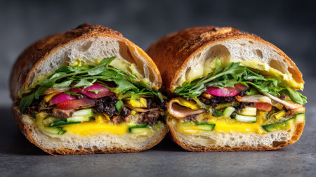 Artisan sandwich sliced in half showing layers of vegetables, meat, and cheeseの素材