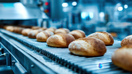 Automated slicer machine cutting bread loaves in modern bakery production plantの素材
