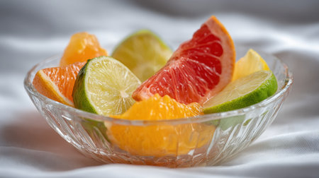 Assorted citrus fruit wedges in clear glass bowl under natural soft daylightの素材