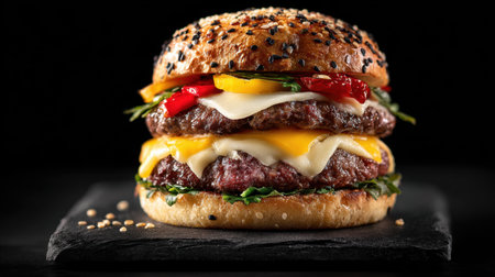 Artisan burger stacked with layers of beef, cheese, and vegetables on black slateの素材