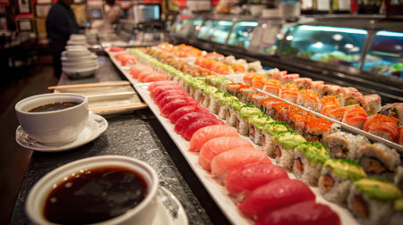 Assorted sushi neatly placed on long buffet counter with soy sauce and chopsticksの素材