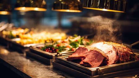 Carvery station at buffet with freshly sliced roast beef and condiments under heat lampsの素材