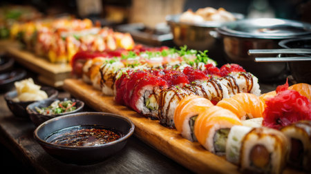 Assorted sushi rolls lined up on wooden platter with soy sauce and ginger beside at buffetの素材