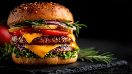 Artisan burger stacked with layers of beef, cheese, and vegetables on black slateの素材