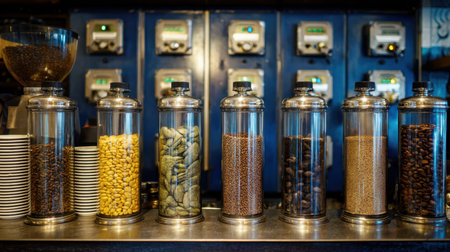 Coffee shop bar with grinders, coffee beans in glass jars, and neatly stacked takeaway cupsの素材