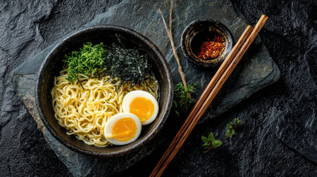 Bowl of ramen noodles topped with eggs, seaweed, and fresh herbs on black stone tableの素材