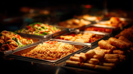 Chinese hot buffet featuring fried rice, stir-fried vegetables, and spring rolls in warming traysの素材