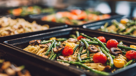 Close-up of buffet line featuring hot trays of steaming pasta and grilled vegetablesの素材