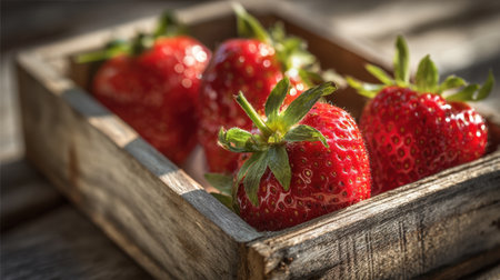 Close-up of vibrant strawberries in rustic wooden basket with natural sunlightの素材