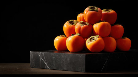 Bright orange persimmons stacked neatly on black stone countertop under direct lightingの素材