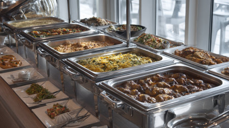 Buffet table with stainless steel food warmers filled with assorted dishes, neatly arranged for self-serviceの素材