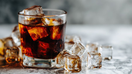 Cold brew coffee served in clear glass with ice cubes on marble countertopの素材