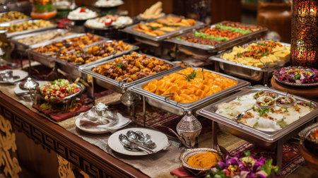 Buffet counter with small plates and silver serving utensils arranged beside trays of hot foodの素材
