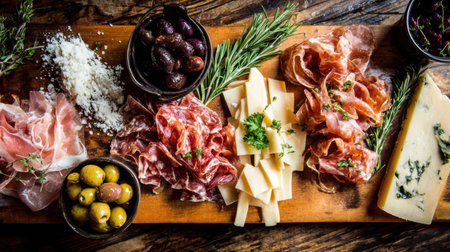 Flat lay of charcuterie platter featuring meats, cheeses, and olives under warm lightの素材