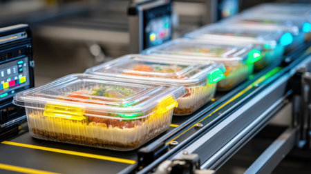 Conveyor system moving transparent food containers through quality inspection stationの素材