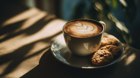 Cappuccino with latte art served on saucer beside small cookies under soft sunlightの素材
