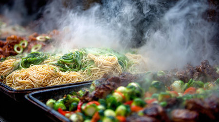 Close-up of buffet line featuring hot trays of steaming pasta and grilled vegetablesの素材