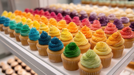 Cupcakes with colorful icing arranged in neat rows on white display trayの素材